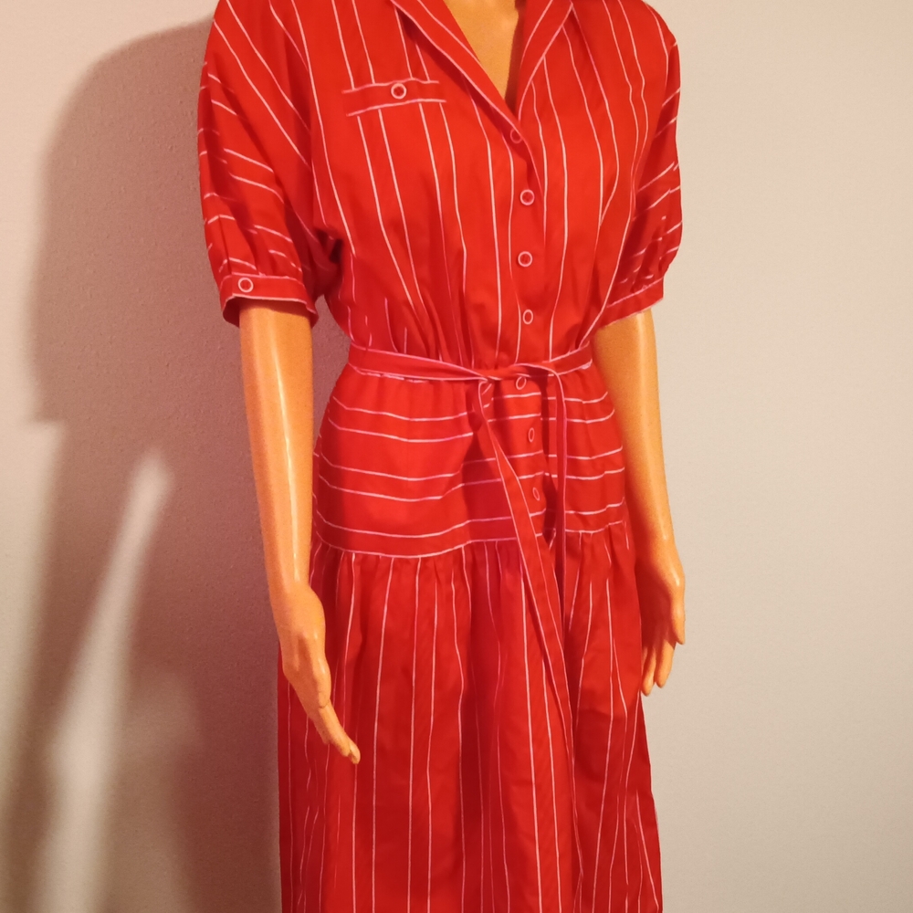 Vintage Adele Simpson Red Striped Button-Up Dress LIKE NEW!